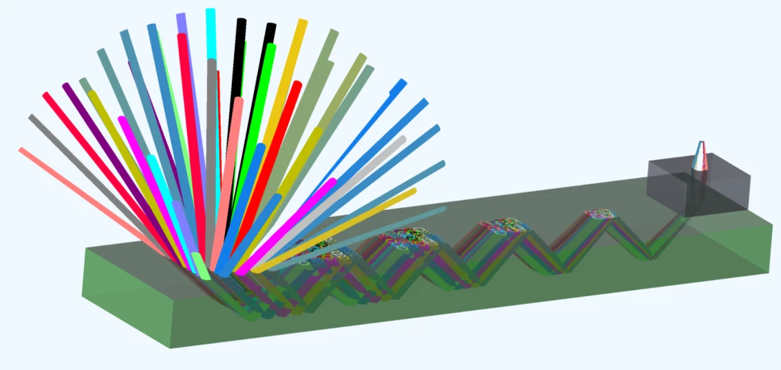 Concept illustration of multiple optical paths routed through patterned regions of a planar metasurface component toward a defined output